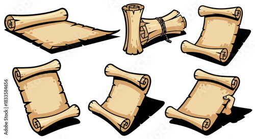 Old scrolls and rolled papers with transparent background