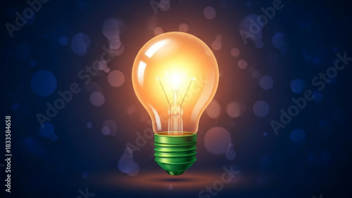 A single glowing incandescent light bulb illuminates a dark background with soft bokeh lights and faint outlines of other bulbs symbolizing ideas and inspiration