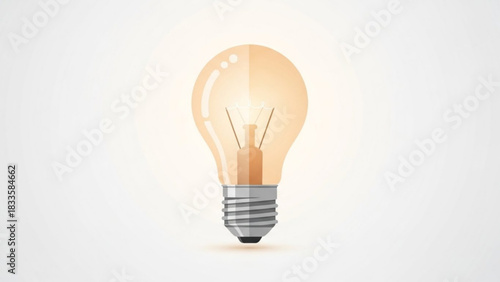 A single glowing incandescent light bulb with a warm orange hue symbolizing ideas creativity and innovation against a clean bright and subtly lit background