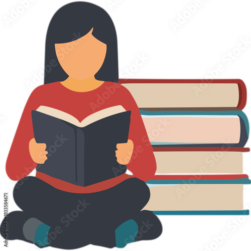 Young Person Reading Book Sitting Cross Legged Near Stack of Books Outfit Red Top Dark Pants Focused on Literature indoors