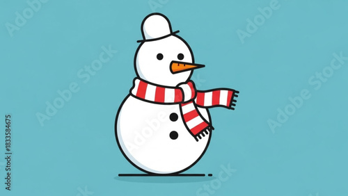 A charming cartoon snowman with a red and white striped scarf and a black top hat stands against a solid blue background perfect for winter holiday designs