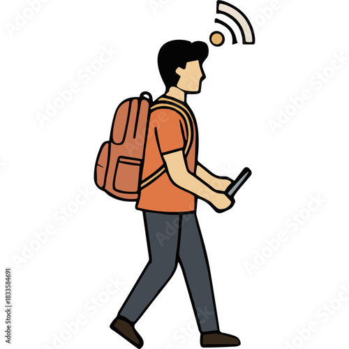Young Person With Backpack Walks Holding Device With Wifi Signal Icon Above Head Orange Shirt Gray Pants Simple Flat Illustration Style
