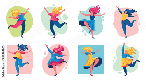 Joyful women dancing in colorful shapes