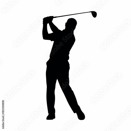 Male golfer swinging golf club silhouette isolated on white background.