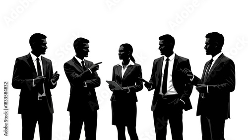 Dynamic team of diverse business professionals strategizing for success in sleek modern suits against a clean minimalist backdrop for corporate communications