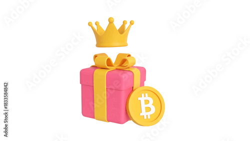 Vector illustration of a royal cryptocurrency gift box with a crown on transparent background