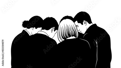 Dynamic business team brainstorming strategy, focused on success, huddled together in monochromatic design for impactful project collaboration concept