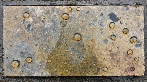 obliterate. Raindrops washing over a stone slab with fading marks, symbolizing natural cleansing and renewal. ESG reports.