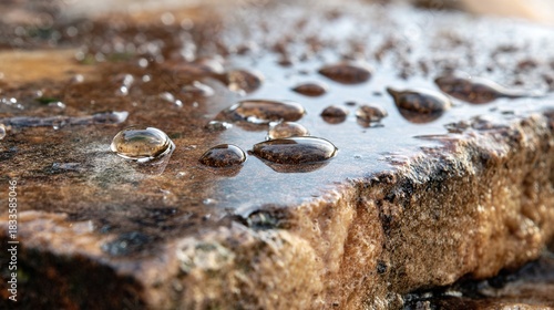 obliterate. Raindrops washing over a stone slab with fading marks, symbolizing natural cleansing and renewal. ESG reports.