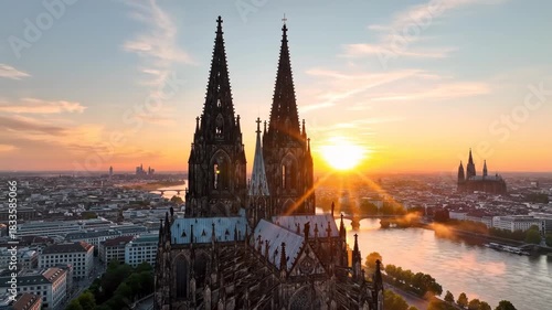 Aerial view of cologne cathedral spires against a bright orange sunset over the city and river 4k video