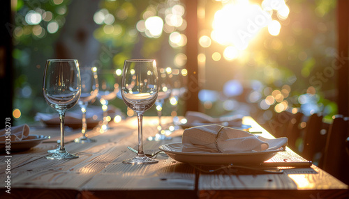 A beautifully set dining table with wine glasses, plates, and napkins, bathed in warm sunlight.