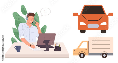 Male customer service agent at desk with headset, computer, and paperwork talking about vehicles. Ideal for logistics, customer support, transport, delivery, communication, automotive