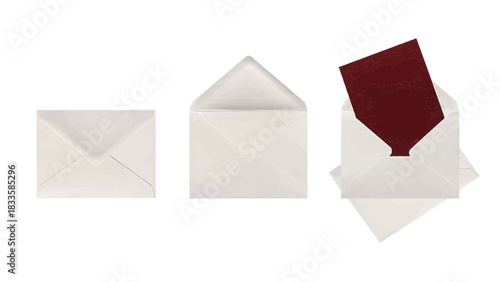 Vector illustration of three white mail envelopes with a red card, on transparent background