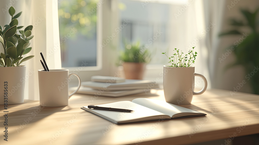 Fototapeta premium Sunlit workspace with open notebook, mugs, and potted plants on wooden desk by window 