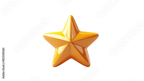 Vector illustration of a shiny golden yellow 3D star rating symbol on transparent background