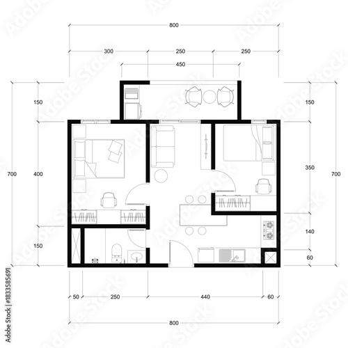 Black and White floor plan of a modern unfurnished house for your design. Suburban house vector blueprint. Architectural background.	