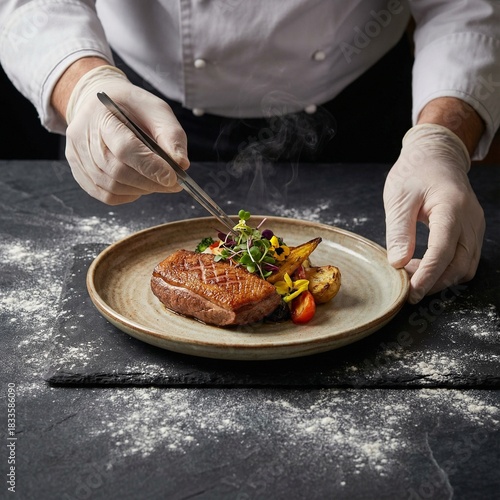 Professional Chef Hands Plating Fine Dining Dish with Tweezers