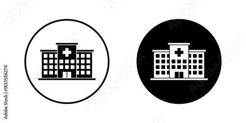 Hospital and clinic building icon in black circle. Healthcare center, medical service, and emergency facility symbol