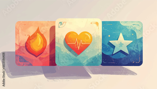 Three stylized icons representing elements of fire heart and star on a neutral background.