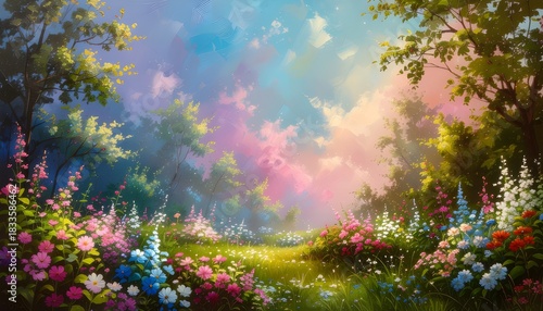 Soft-Rendered Garden Bloomscape with Radiant Tones