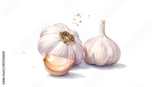 Watercolor illustration of garlic heads
