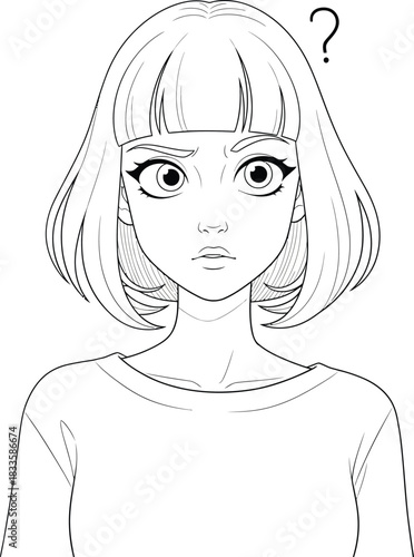 Line art portrait of a confused anime girl with a bob haircut and a question mark.