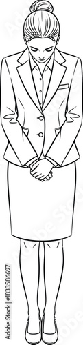 Line art illustration of a professional woman in a business suit with a hair bun bowing respectfully.