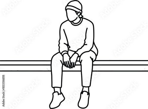 Minimalist line art of a faceless person in a beanie and casual clothes sitting on a beam.