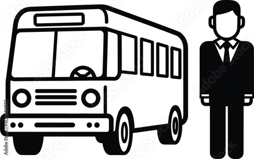 Monochrome icon of a bus driver in a suit standing next to a shuttle bus representing public transportation service.