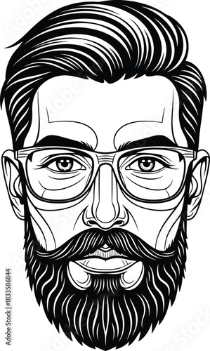 Monochrome line art portrait of a bearded man with a handlebar mustache and stylish eyeglasses.