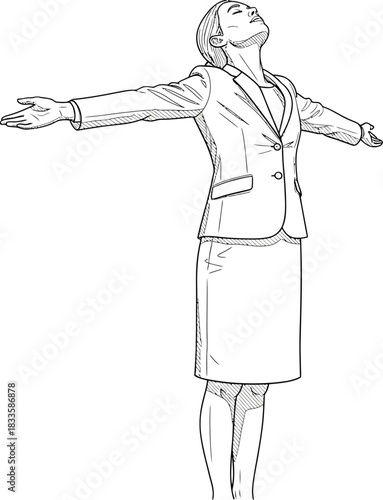 Professional businesswoman in a skirt suit with arms outstretched head tilted back in a pose of freedom and relief.