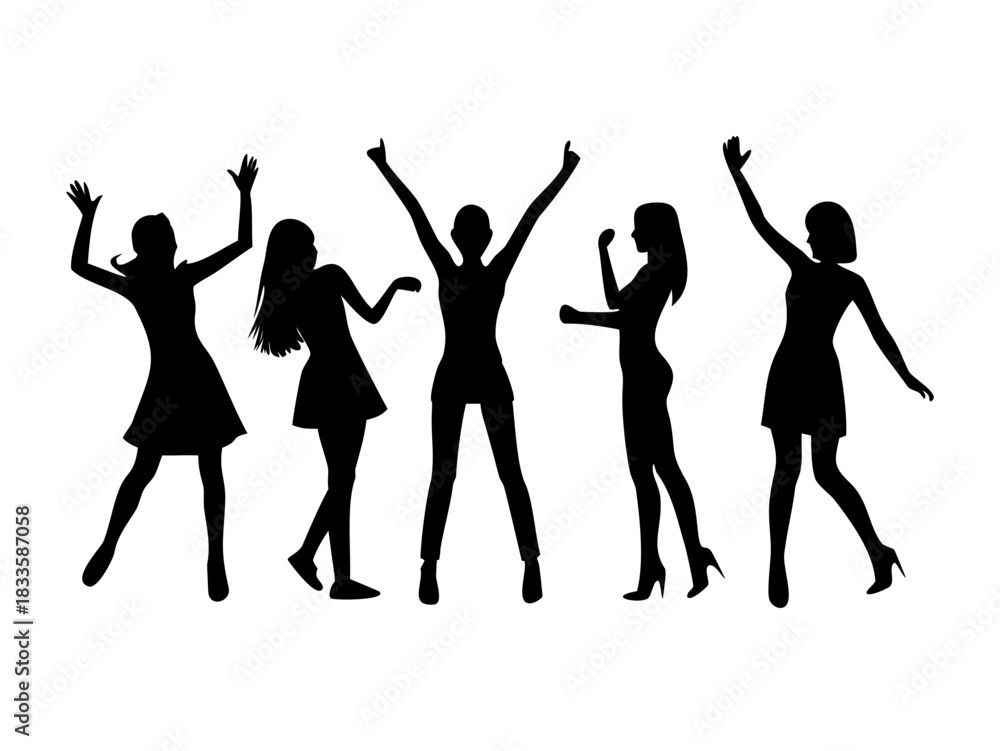 Fototapeta premium Women silhouettes dancing and celebrating in various poses, set. Vector illustration icon