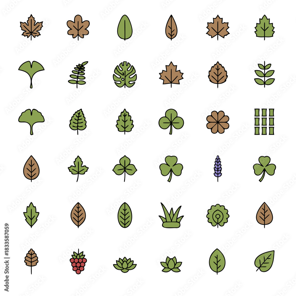 Fototapeta premium Botanical Leaf Icons Collection in Flat Vector Style