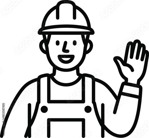 Smiling construction worker in a hard hat and overalls waving simple black and white line art icon.