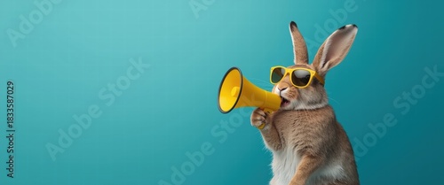 A cool rabbit with a megaphone announces spring promotions. Use for fun marketing or festive holiday messages. Bright, cheerful, and attention-grabbing!