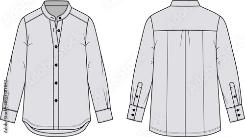 Long sleeve band collar shirt technical fashion illustration featuring front and back views for apparel design templates and manufacturing mockups