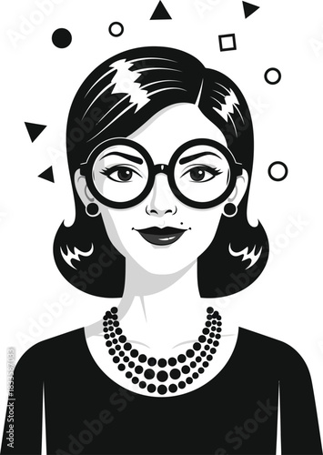 Stylish woman with a retro bob hairstyle and large round glasses in a black and white graphic portrait.