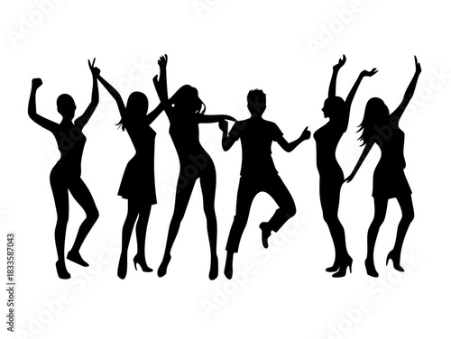 Women silhouettes dancing and celebrating in various poses, set. Vector illustration icon


