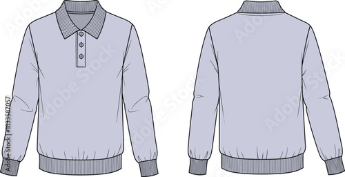 Long sleeve polo shirt technical fashion flat sketch vector illustration template with ribbed cuffs front and back views for clothing design