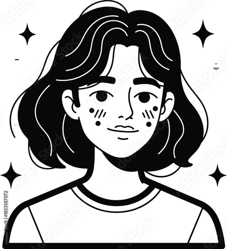 Stylized black and white line art portrait of a smiling person with short wavy hair cheek dots and sparkles.