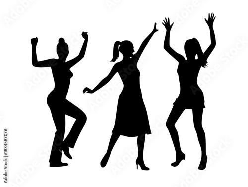 Women silhouettes dancing and celebrating in various poses, set. Vector illustration icon

