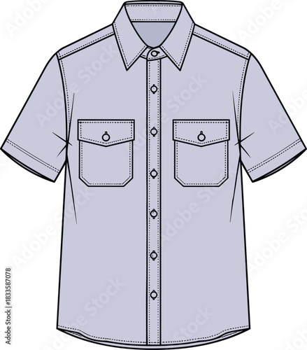 Men's short sleeve button up shirt vector technical fashion flat sketch featuring two chest pockets for apparel design mockup