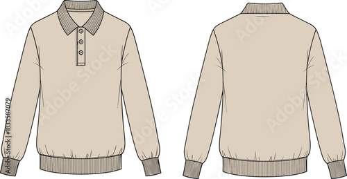 Long sleeve polo shirt technical flat sketch featuring ribbed collar, cuffs, and hem with button placket for apparel design