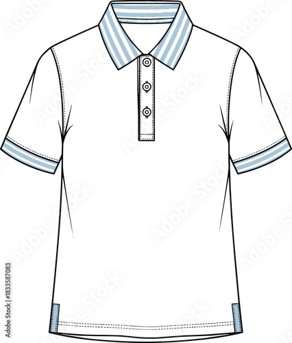 Men's white polo shirt vector technical fashion flat sketch featuring striped knit collar, cuffs, and button placket for apparel design mockup