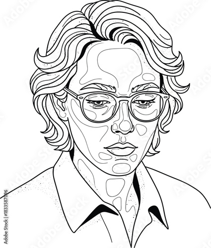 Stylized line art portrait of a person with wavy hair and glasses featuring abstract topographical patterns on their face.