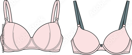 Pink women bra vector technical drawing, fashion flat sketch, lingerie underwear template, front view design illustration for clothing apparel industry mockups