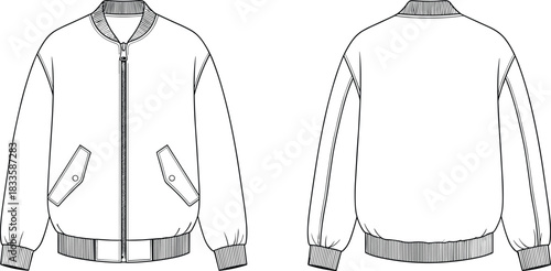 Unisex bomber jacket technical flat sketch featuring ribbed collar, cuffs, hem, and flap pockets for apparel design and manufacturing templates