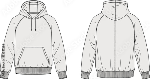 Unisex hoodie technical fashion flat sketch vector illustration template with raglan sleeves front and back views for clothing design mockup