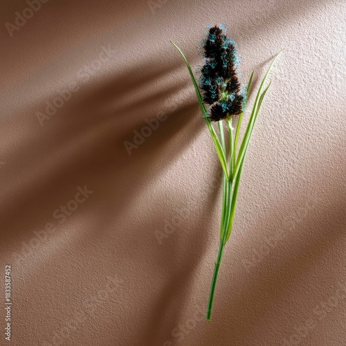 A single flower stem with green leaves and a dark brown and blue flower head is positioned against a textured brown background, with a dramatic shadow and light