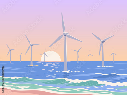 Offshore Wind Turbines at Sunset – Renewable Energy Vector Illustration